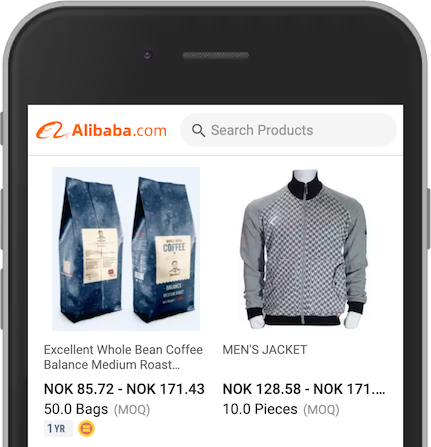 来自阿里巴巴的手机截图，展示了两种产品——咖啡和夹克。