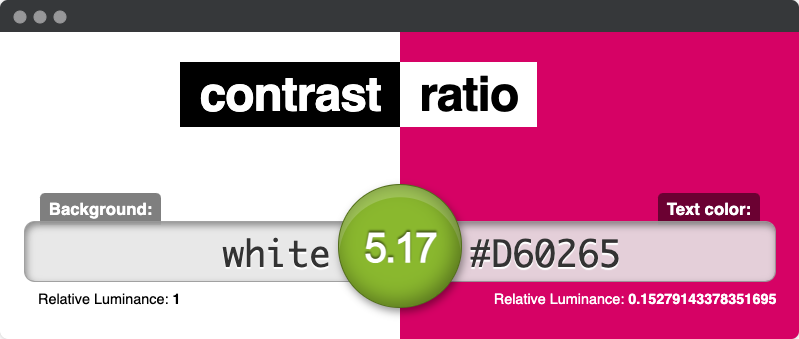 Contrast Ratio 的屏幕截图显示白色背景上的粉红色，对比度为 5.17。