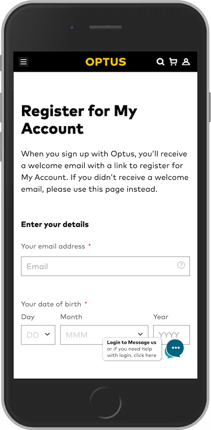 Optus 注册表的屏幕截图，电子邮件和出生日期的字段为空。