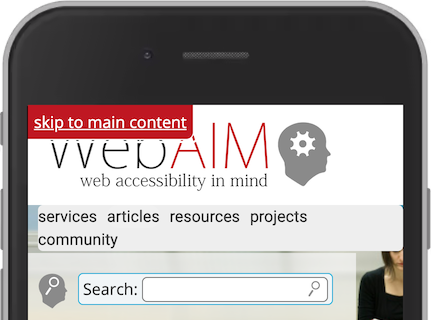 来自 WebAIM 的屏幕截图，显示了跳转到左上角主要内容的链接。