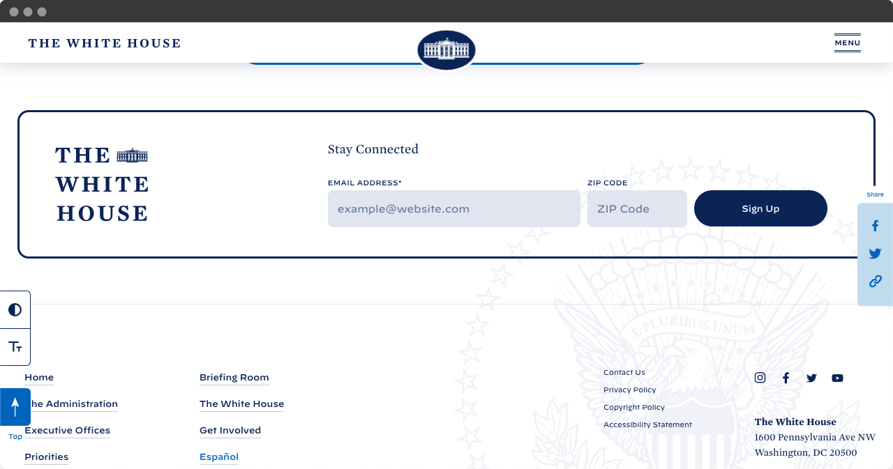 美国白宫的屏幕截图，其中包含新闻通讯的注册表单和用于在社交媒体上分享页面的按钮。