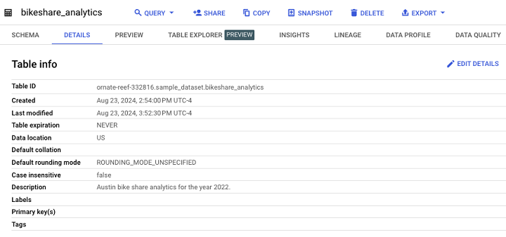 Bigquery 标准表