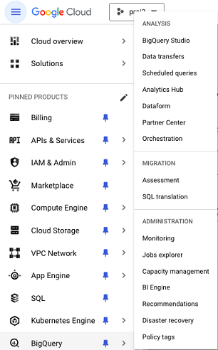 Google Cloud Console 菜单