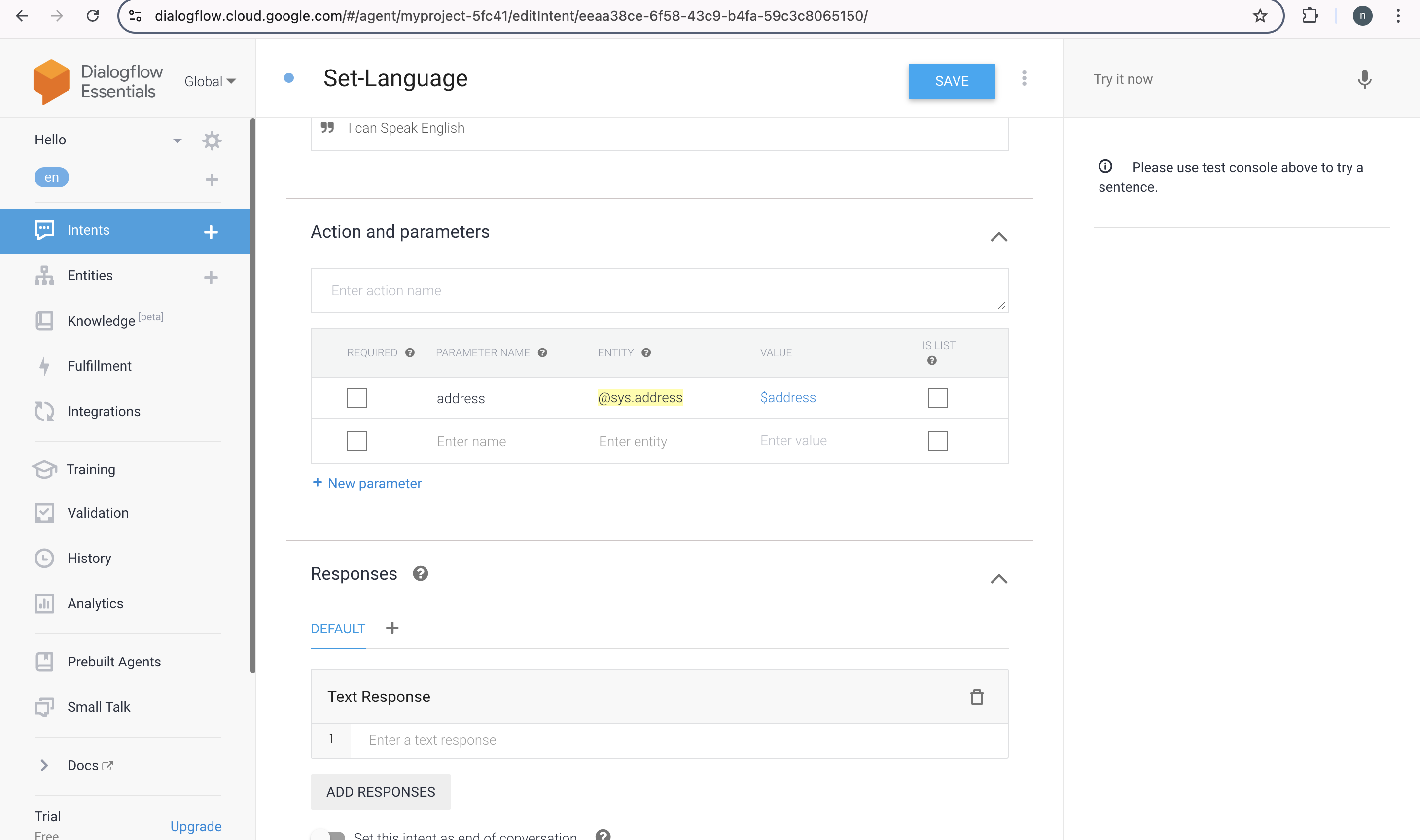 Dialogflow Action and Parameters