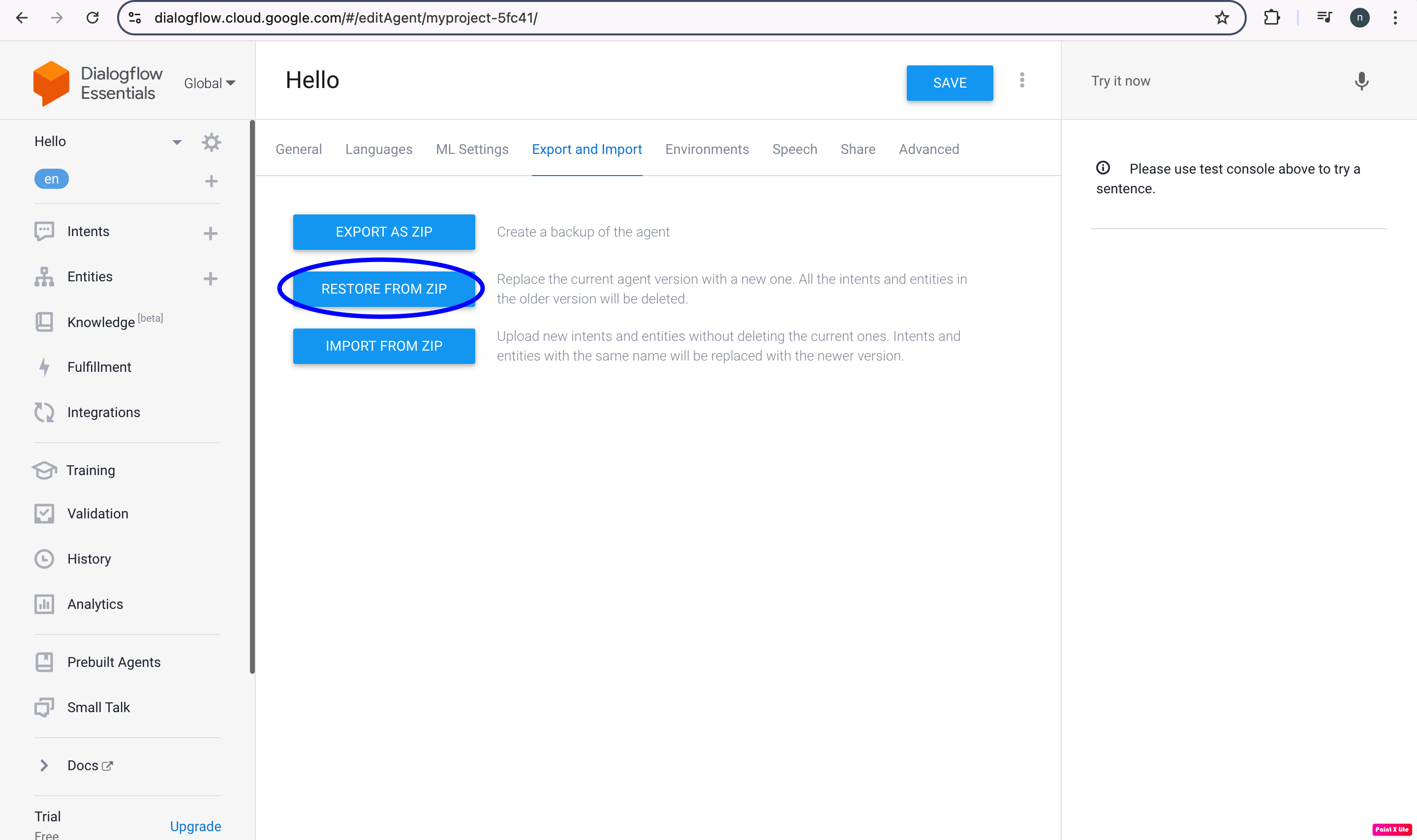 Dialogflow Restore From Zip