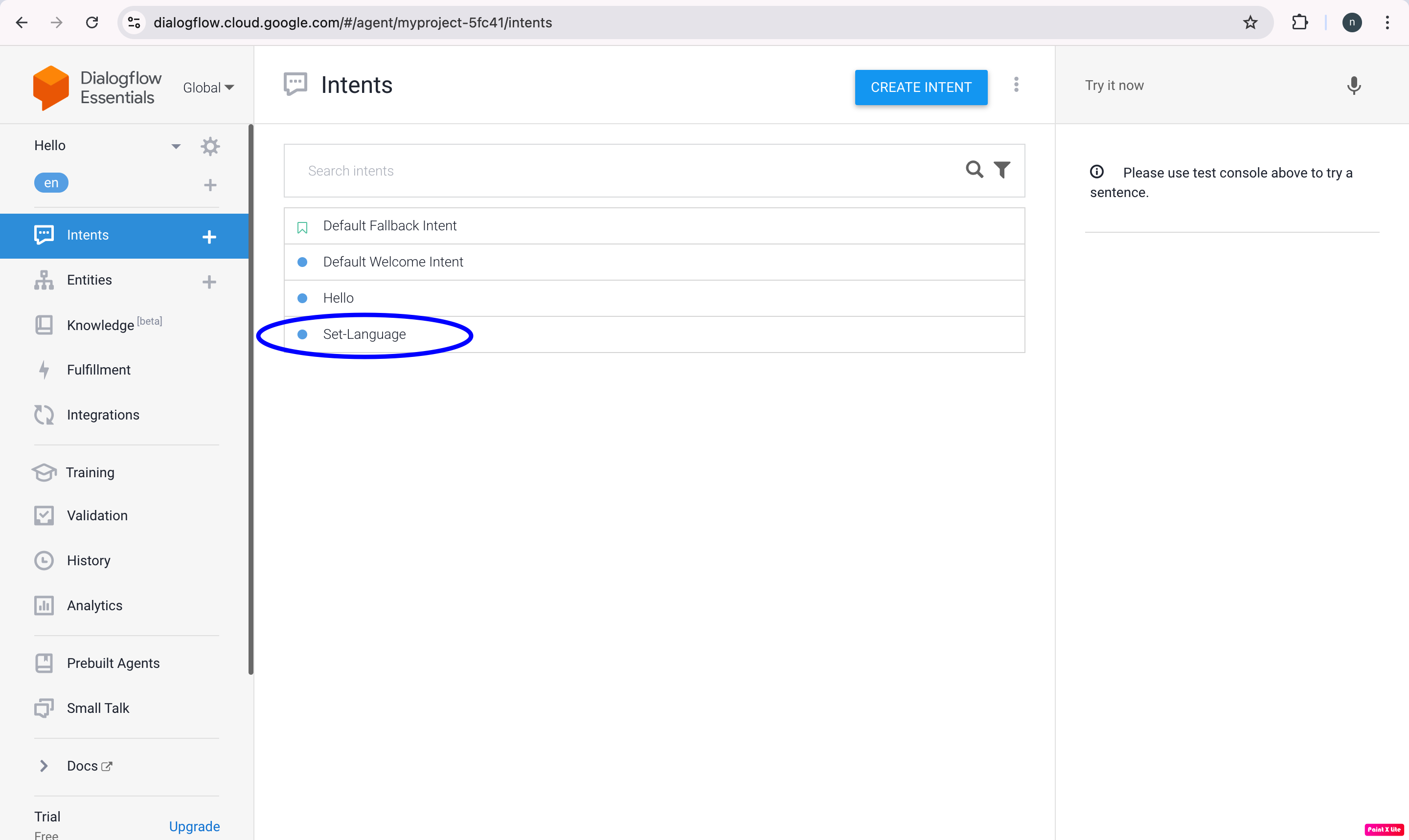 Dialogflow Select Intent