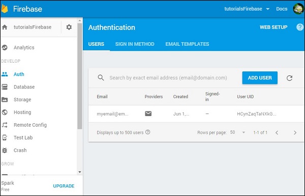 Firebase 电子邮件身份验证用户