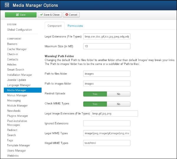 Joomla Media Settings