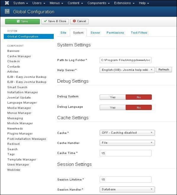 Joomla 系统设置