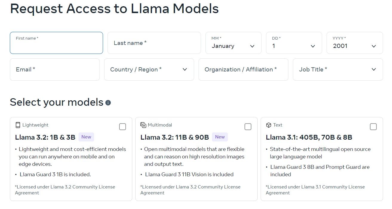 填写访问 Llama 模型的请求表