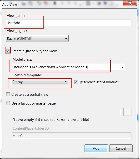 MVC Advanced User Add View