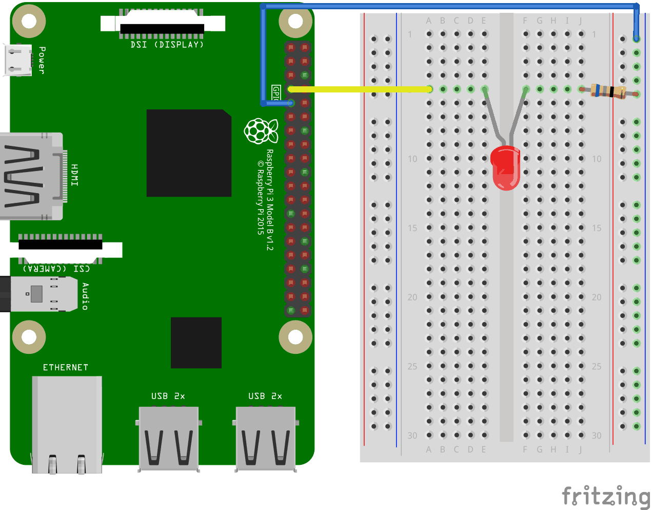 树莓派(Raspberry Pi) 3 with Breadboard. Simple LED circuit