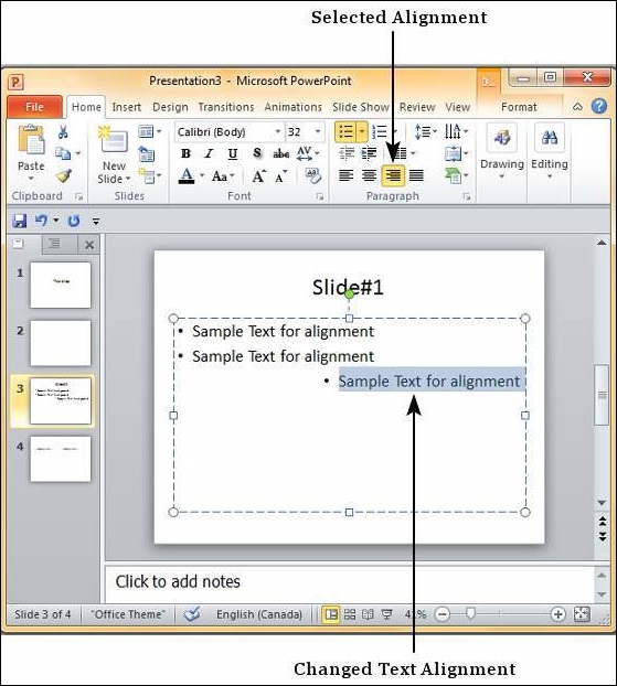 Microsoft PowerPoint 2010 中的文本对齐方式