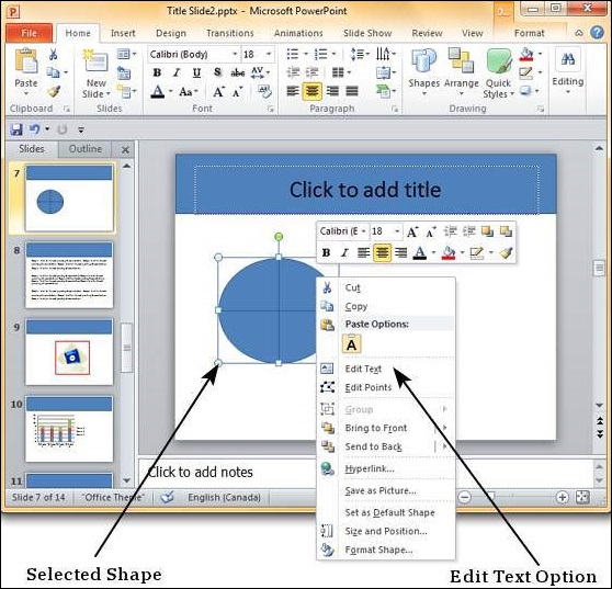 Microsoft PowerPoint 2010 中向形状添加文本
