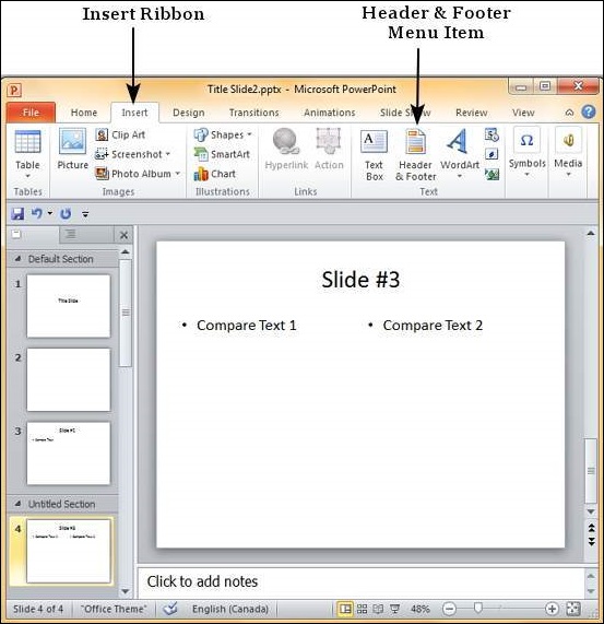 Microsoft PowerPoint 2010 中添加页眉和页脚