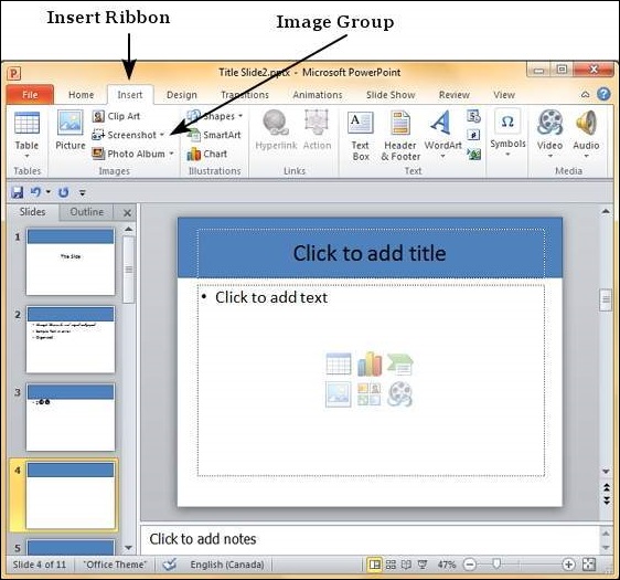 Microsoft PowerPoint 2010 中添加图片到幻灯片