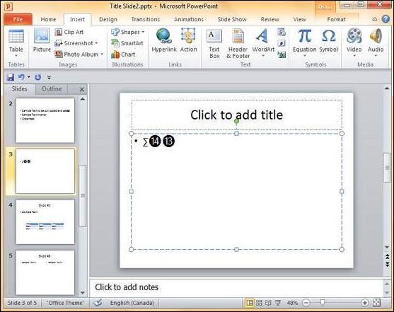 Microsoft PowerPoint 2010 中的特殊字符