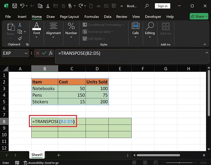 在 Excel2 中将行转换为列