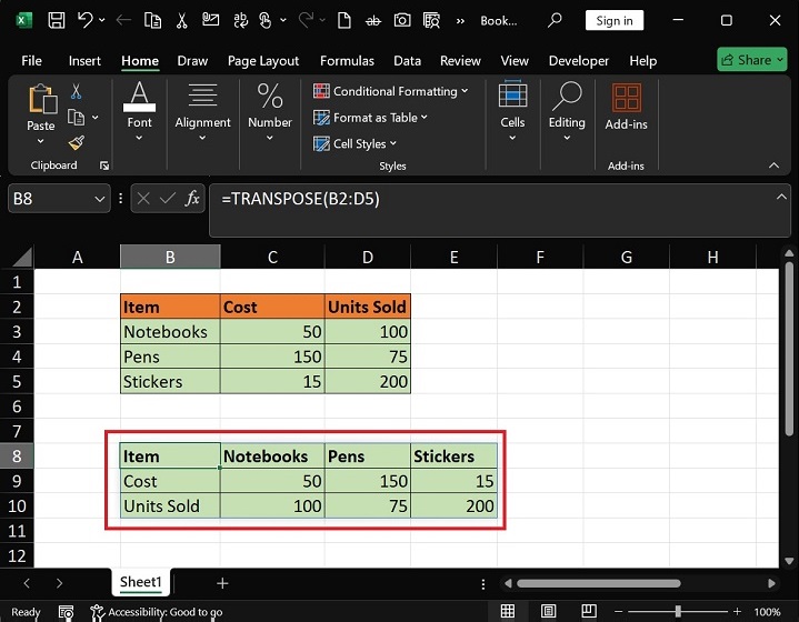 在 Excel 中将行转换为列