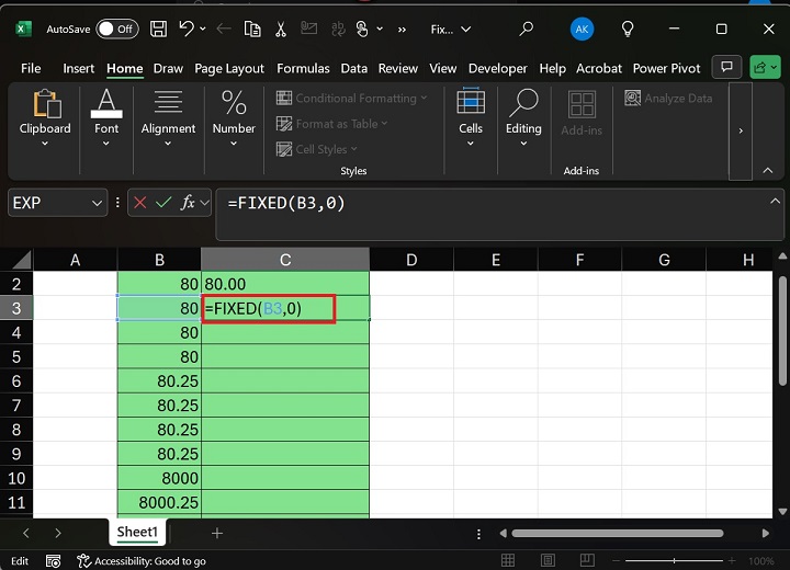 在 C3 单元格中输入公式 FIXED(B3)