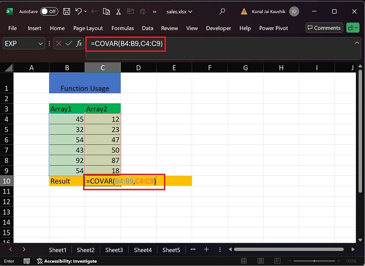 Excel COVAR 函数 1