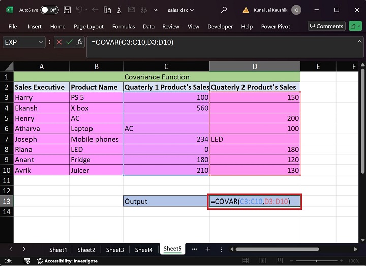 Excel COVAR 函数 4