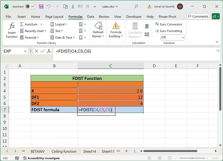 Excel FDIST 函数 1