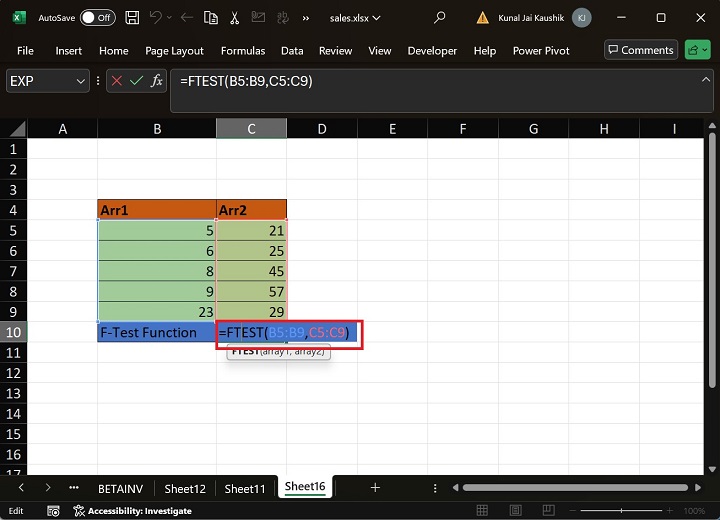 Excel FTEST 函数 1