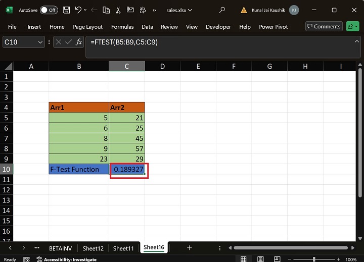 Excel FTEST 函数 2