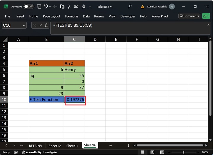 Excel FTEST 函数 6