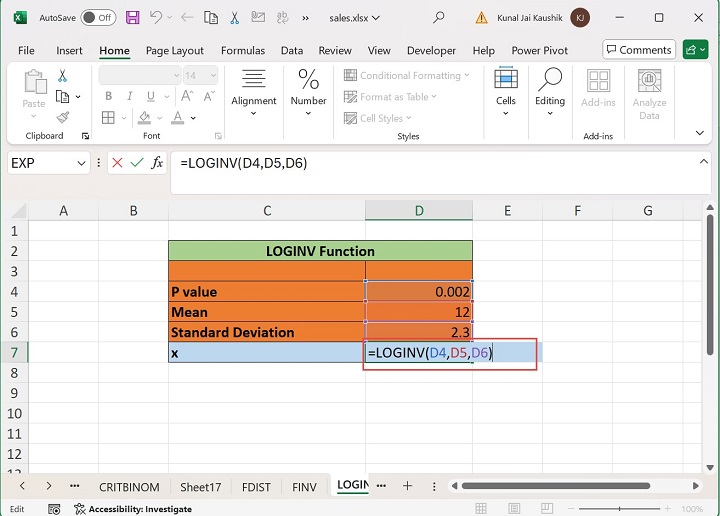 Excel Loginv 函数 1