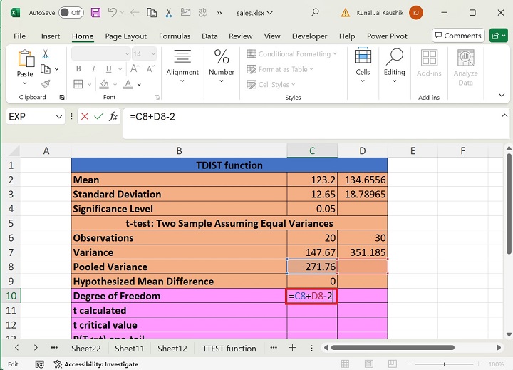 Excel TDIST 函数 1