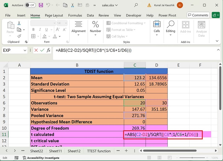 Excel TDIST Function 3