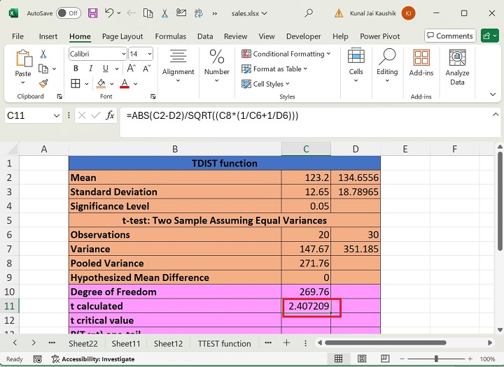 Excel TDIST Function 4