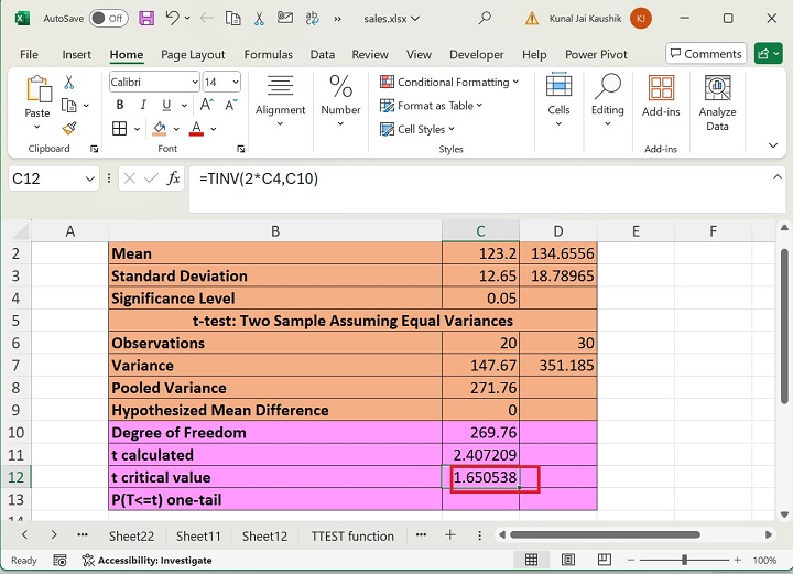 Excel TDIST Function 6