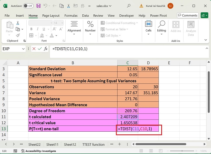 Excel TDIST Function 7