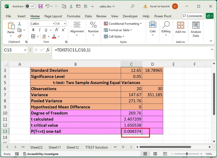 Excel TDIST 函数 8