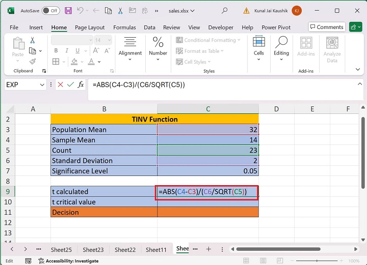 Excel TINV 函数 1