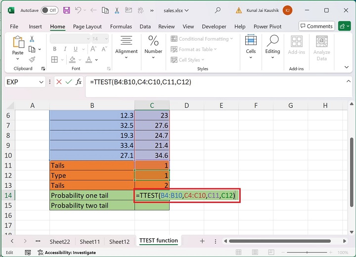 Excel TTEST 函数 1