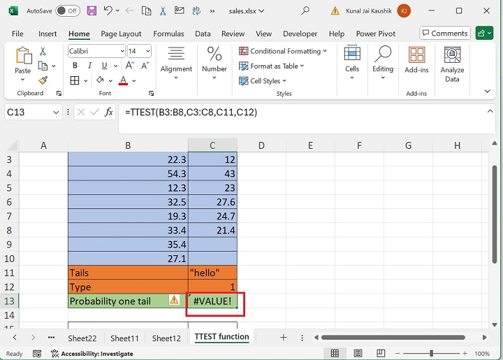 Excel TTEST 函数 10