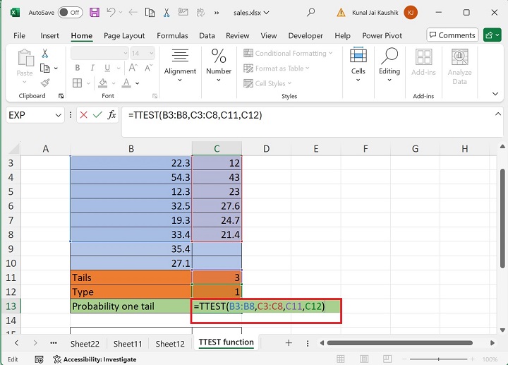 Excel TTEST 函数 11