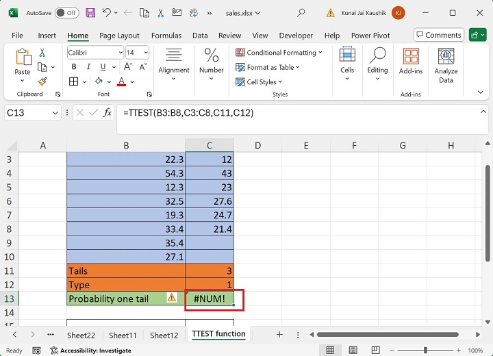 Excel TTEST 函数 12