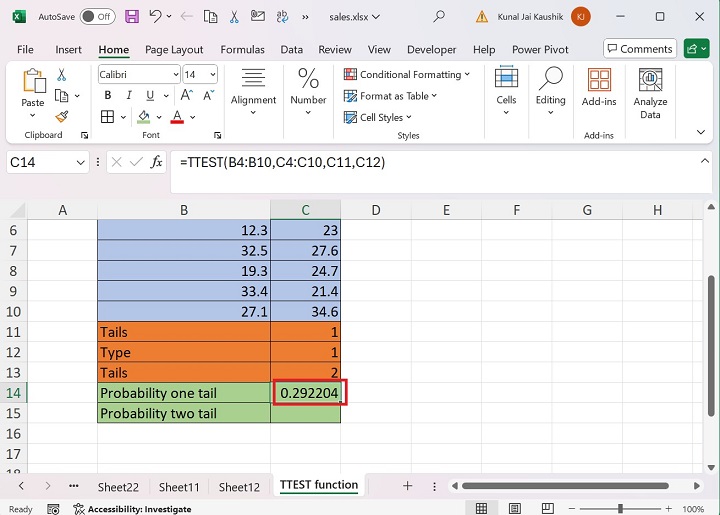 Excel TTEST 函数 2