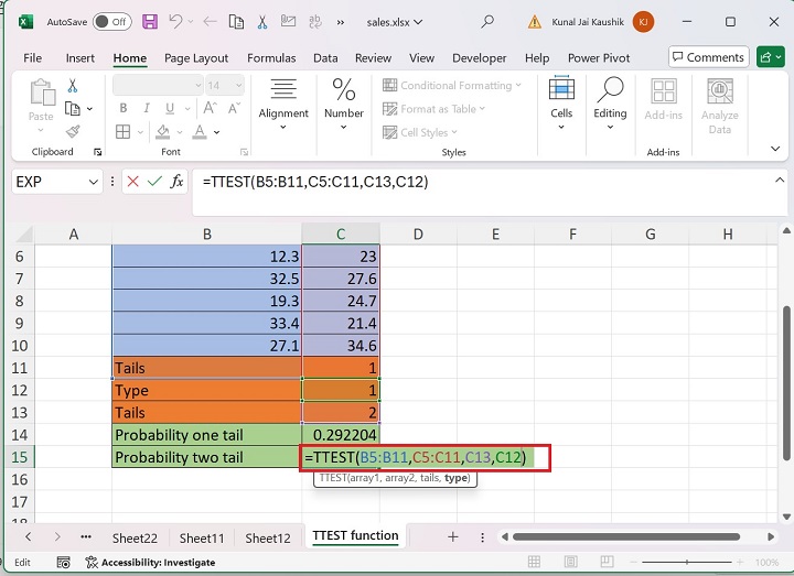 Excel TTEST 函数 3