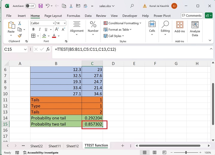 Excel TTEST 函数 4