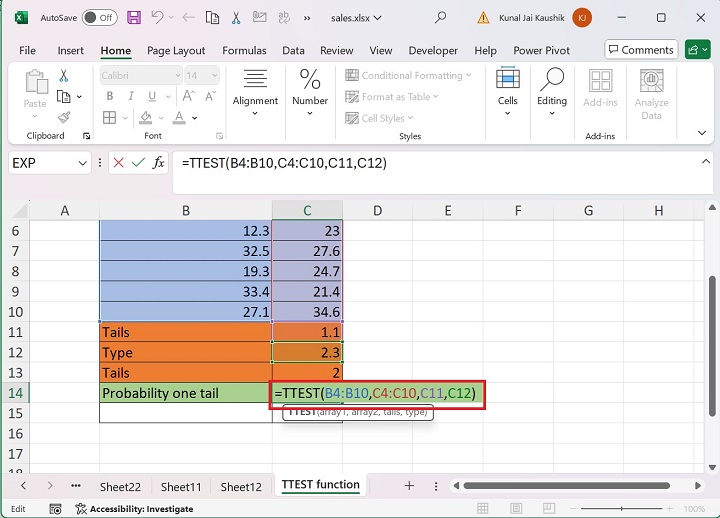 Excel TTEST 函数 5