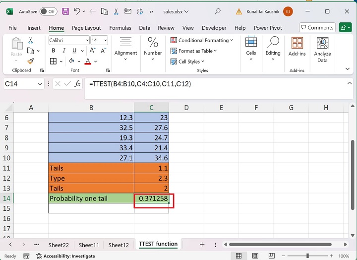 Excel TTEST 函数 6