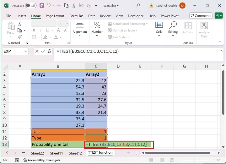 Excel TTEST 函数 7