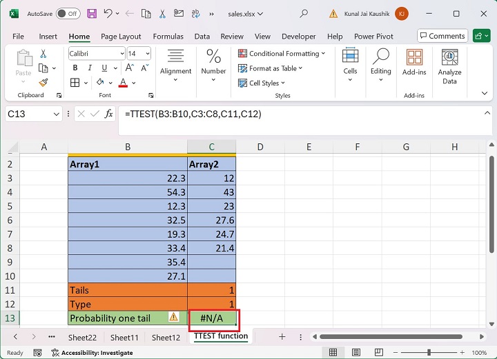 Excel TTEST 函数 8