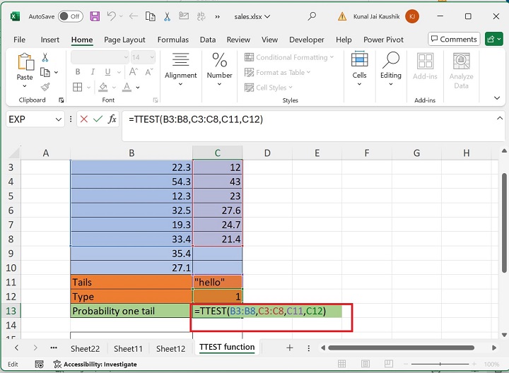 Excel TTEST 函数 9